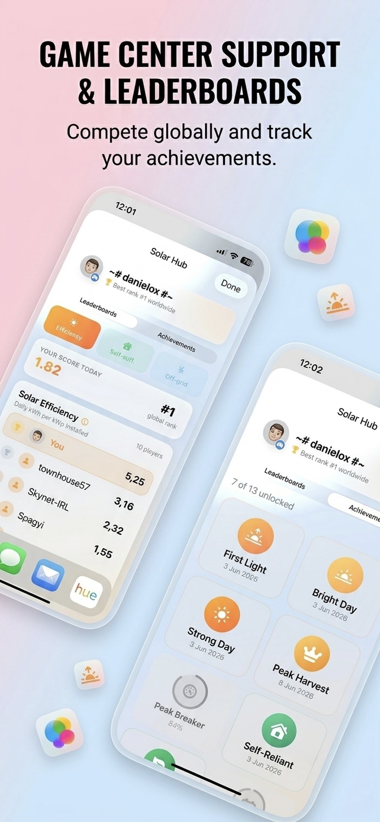 Glance for PV - Solar Hub with Game Center leaderboards and achievements
