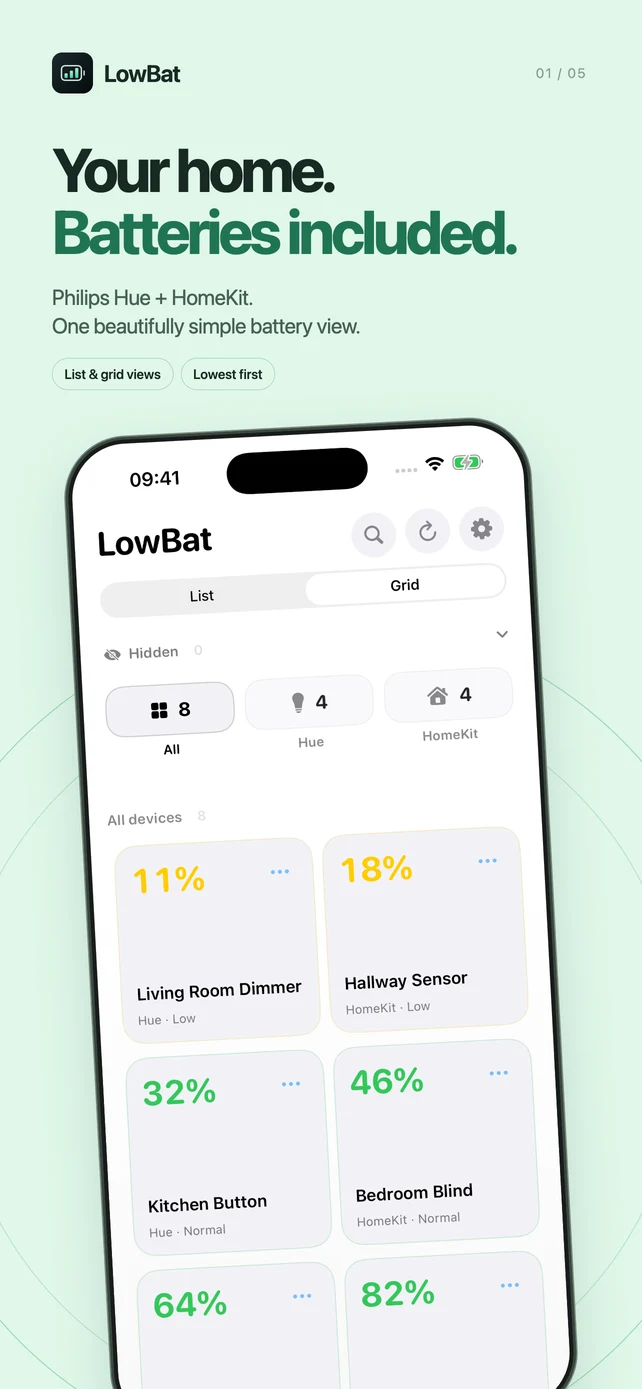 LowBat grid view showing Hue and HomeKit accessories