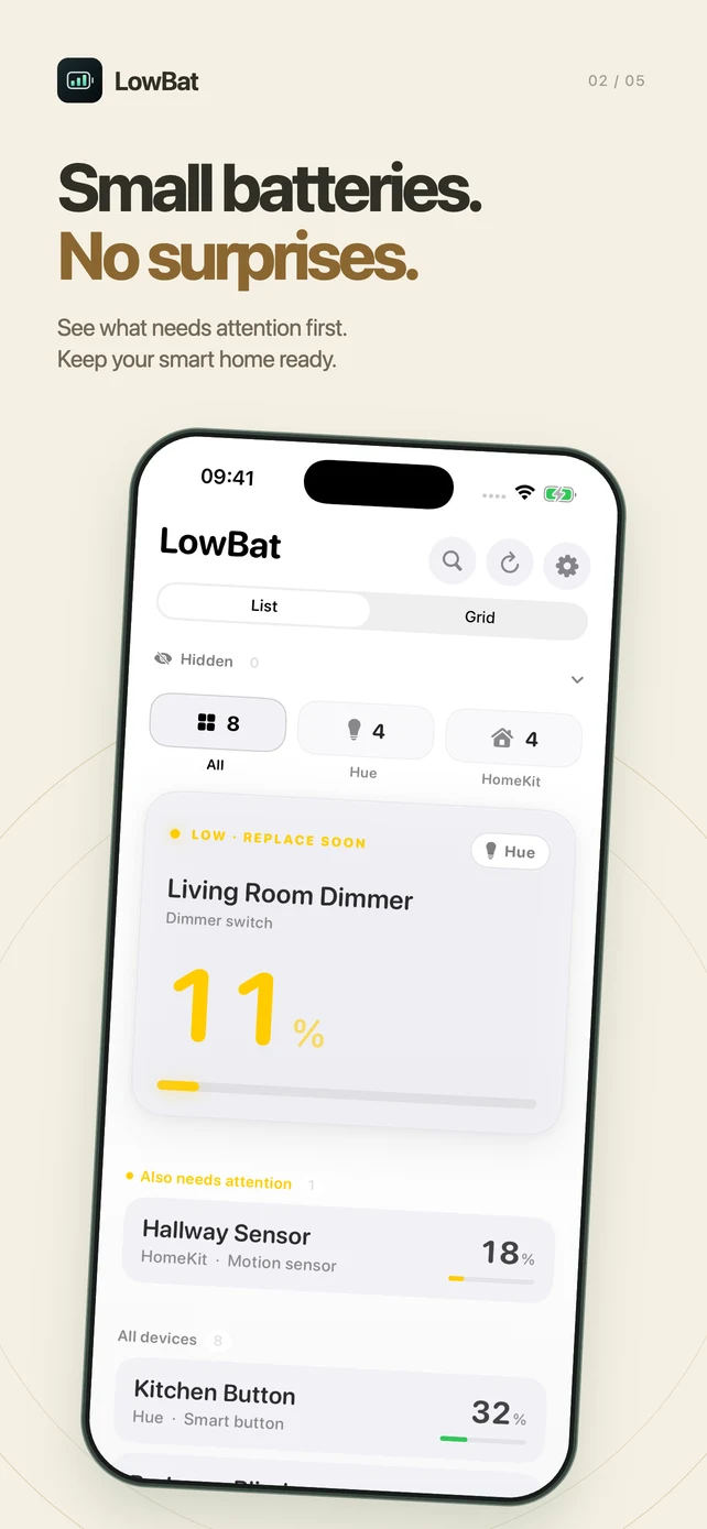 LowBat list view with low batteries first
