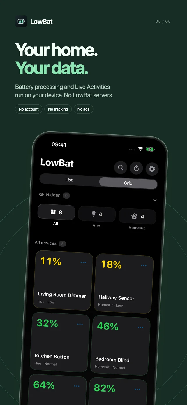 LowBat in dark mode, with battery processing on your device