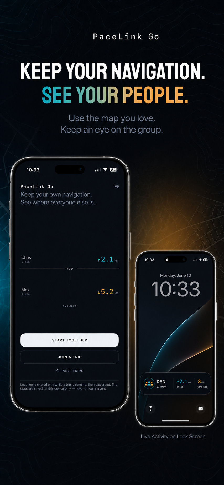 PaceLink Go preview: group distance and time gaps beside your navigation, with a Lock Screen Live Activity