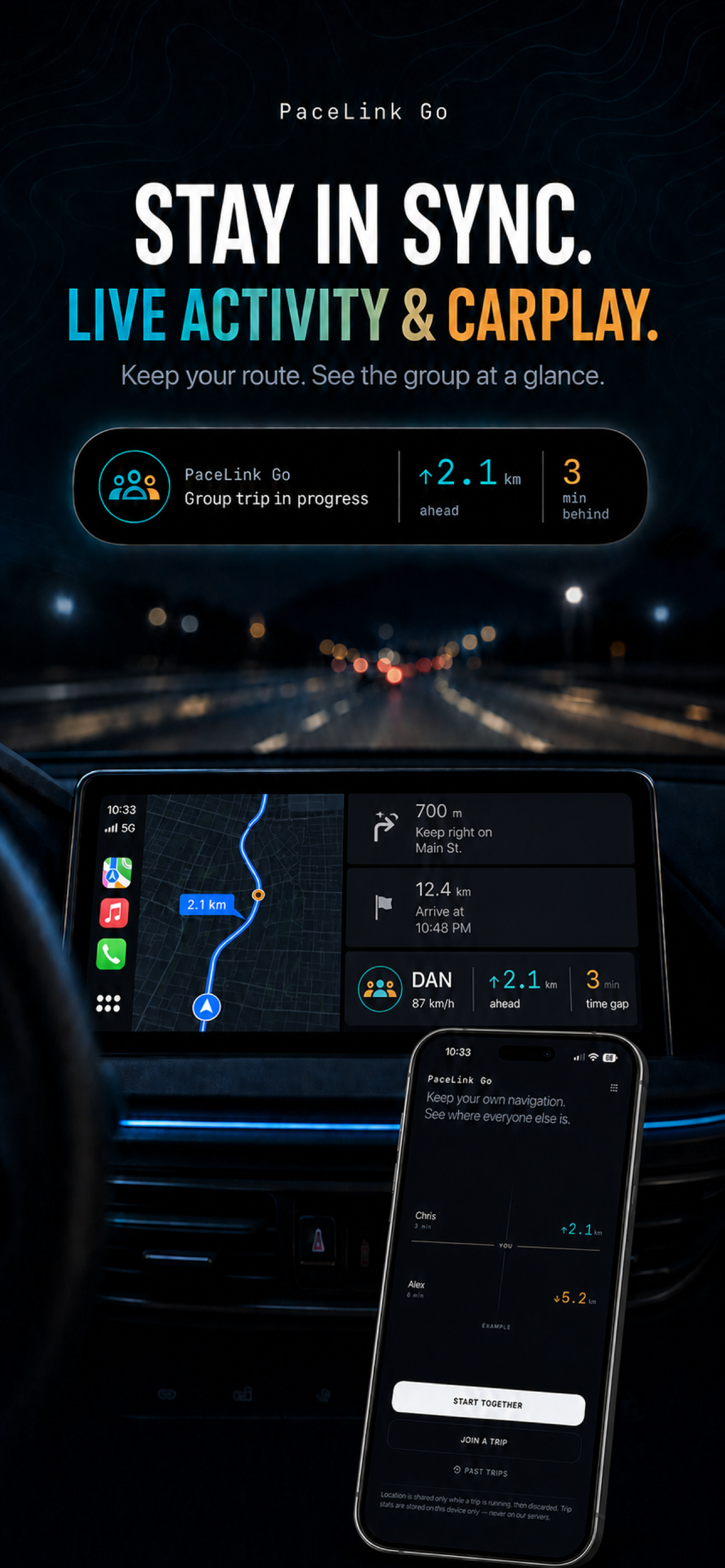 PaceLink Go Live Activity previews on iPhone and a compatible CarPlay display alongside navigation