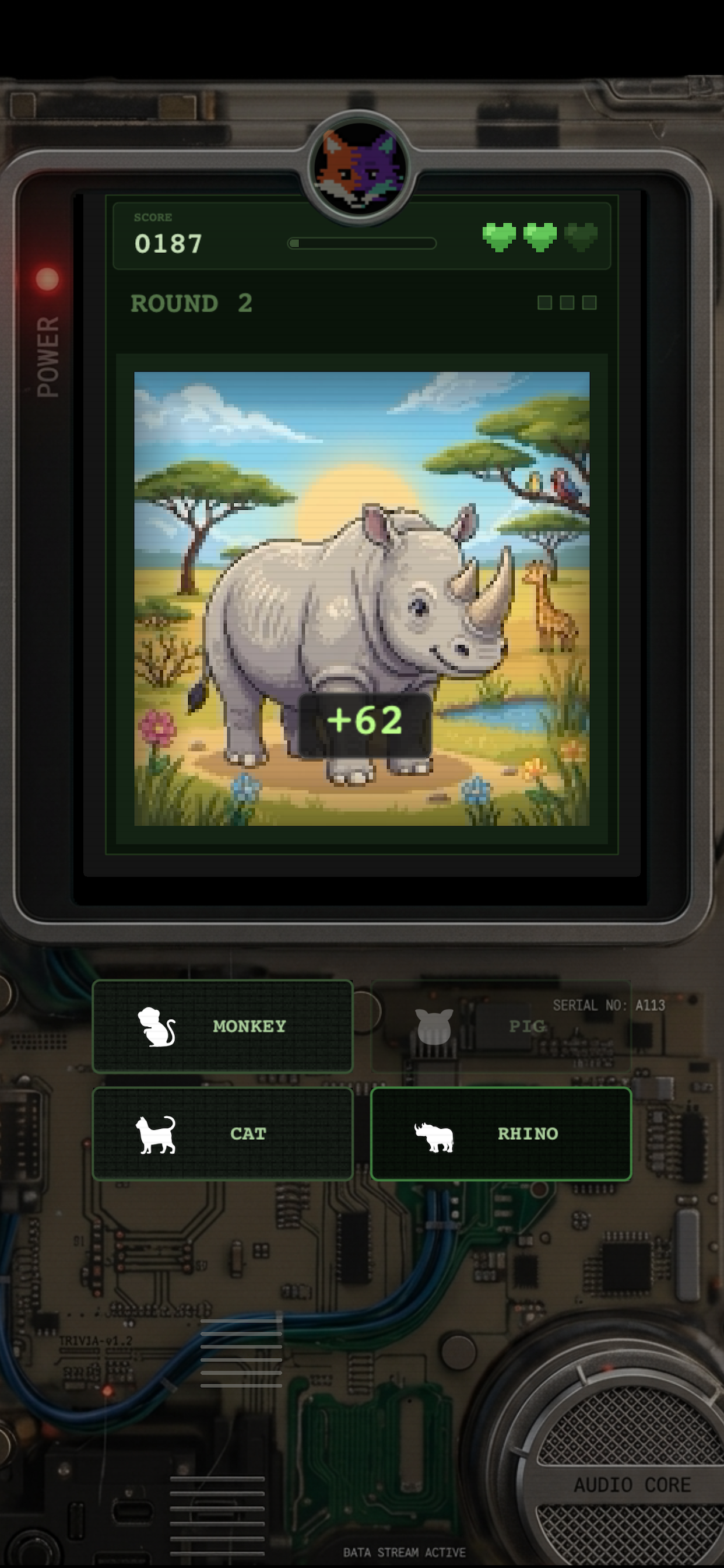 PIXEO gameplay - Round 1 with pixelated blurry image and four answer choices