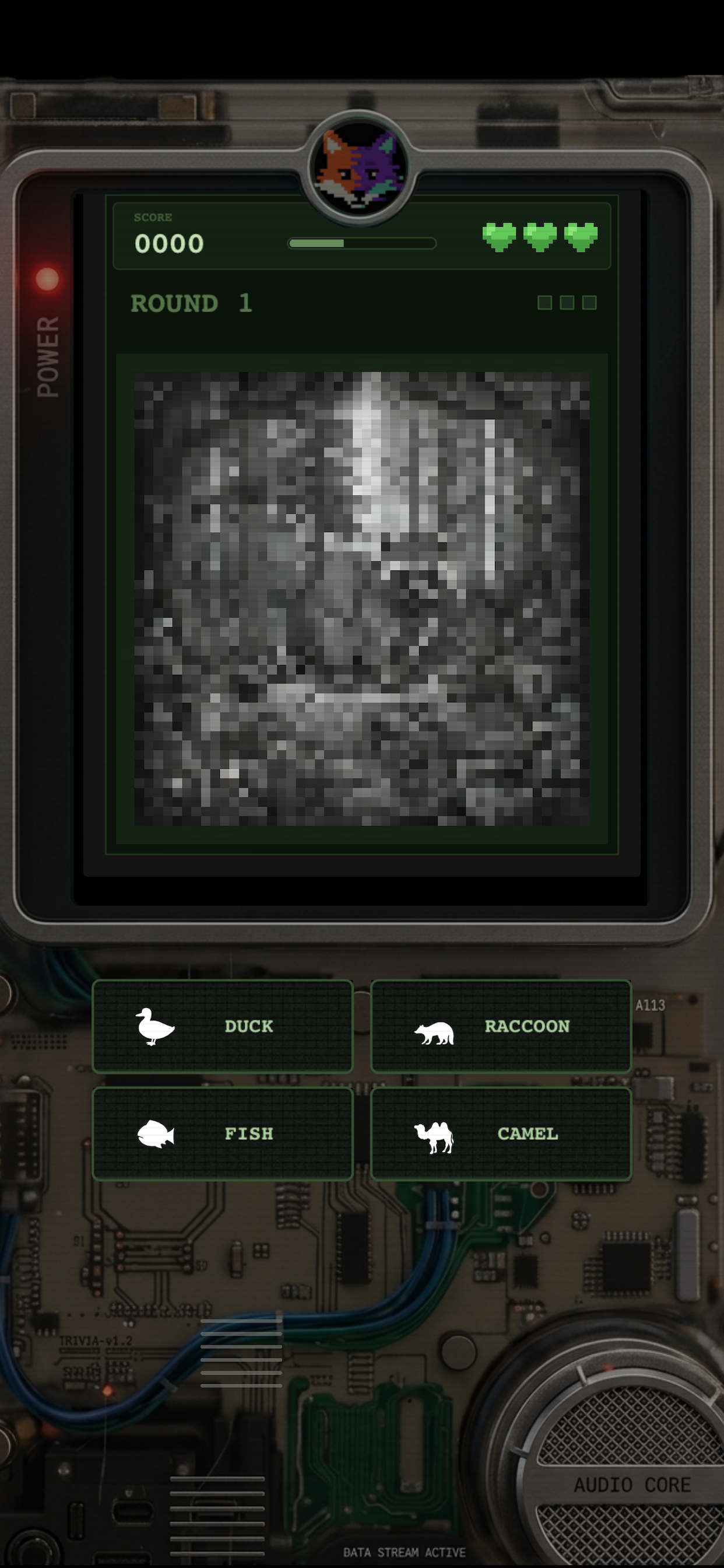 PIXEO gameplay - correct rhino guess with +62 points in pixel art safari scene
