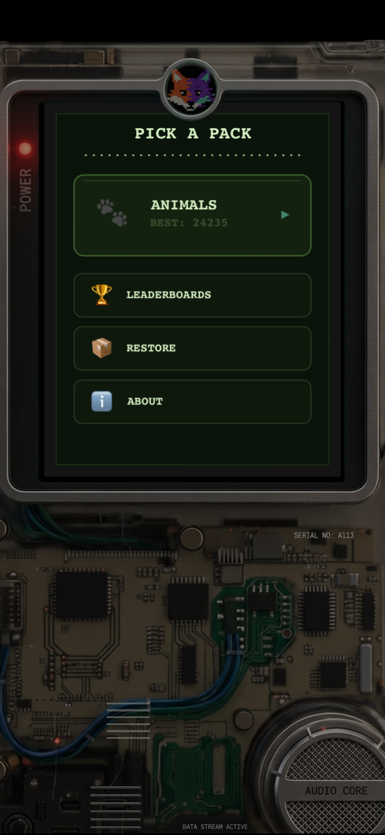 PIXEO main menu - Pick a Pack screen with Animals pack and leaderboards