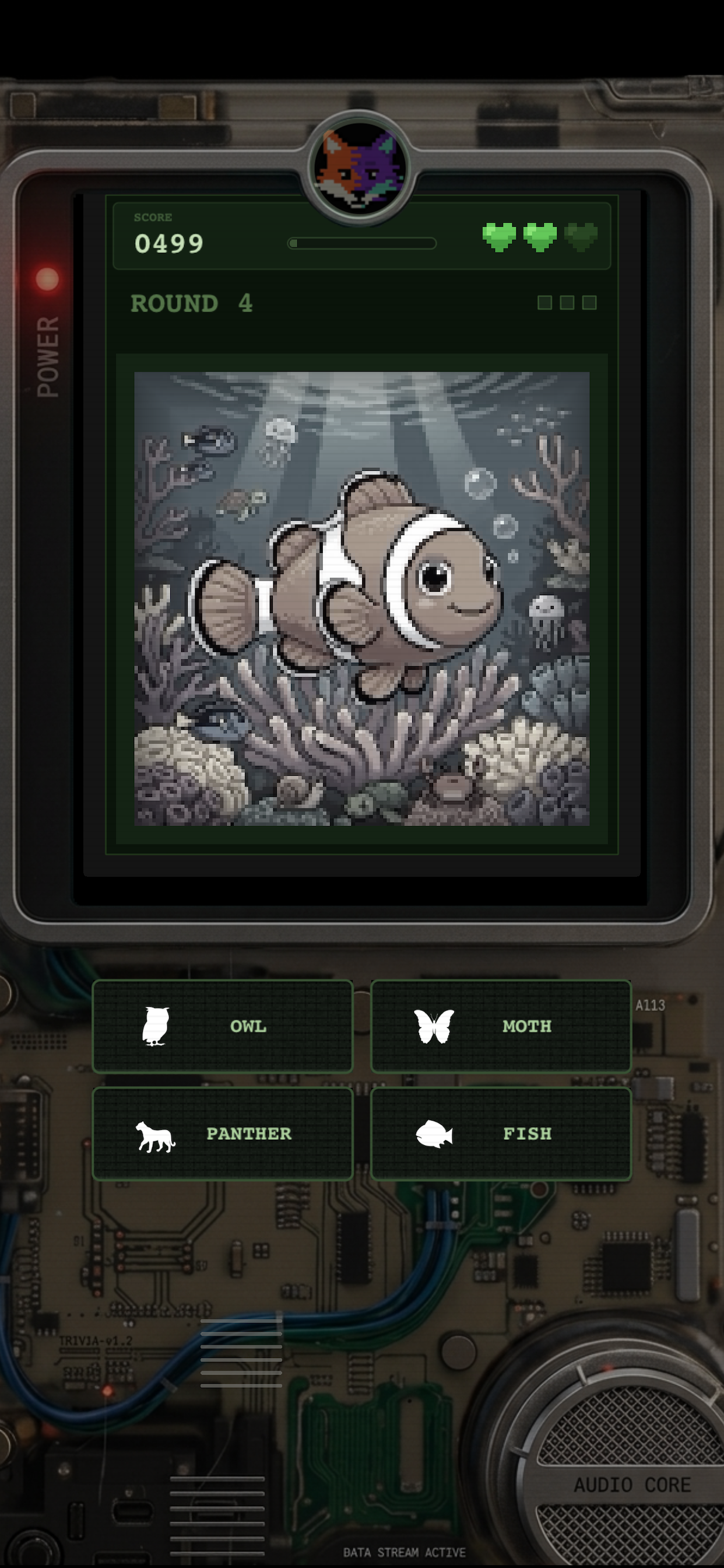 PIXEO gameplay - Round 4 with pixel art clownfish in underwater coral scene