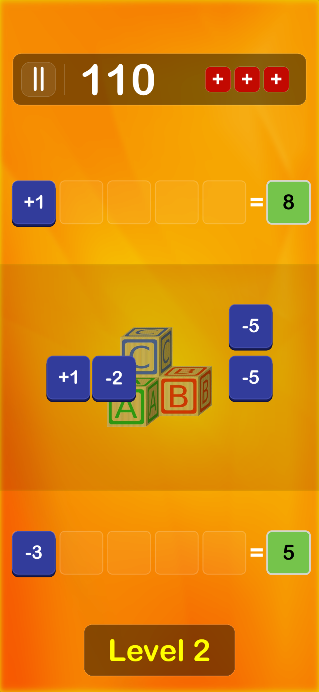 PlusMinus - Level 2 gameplay with number tiles and two equation slots