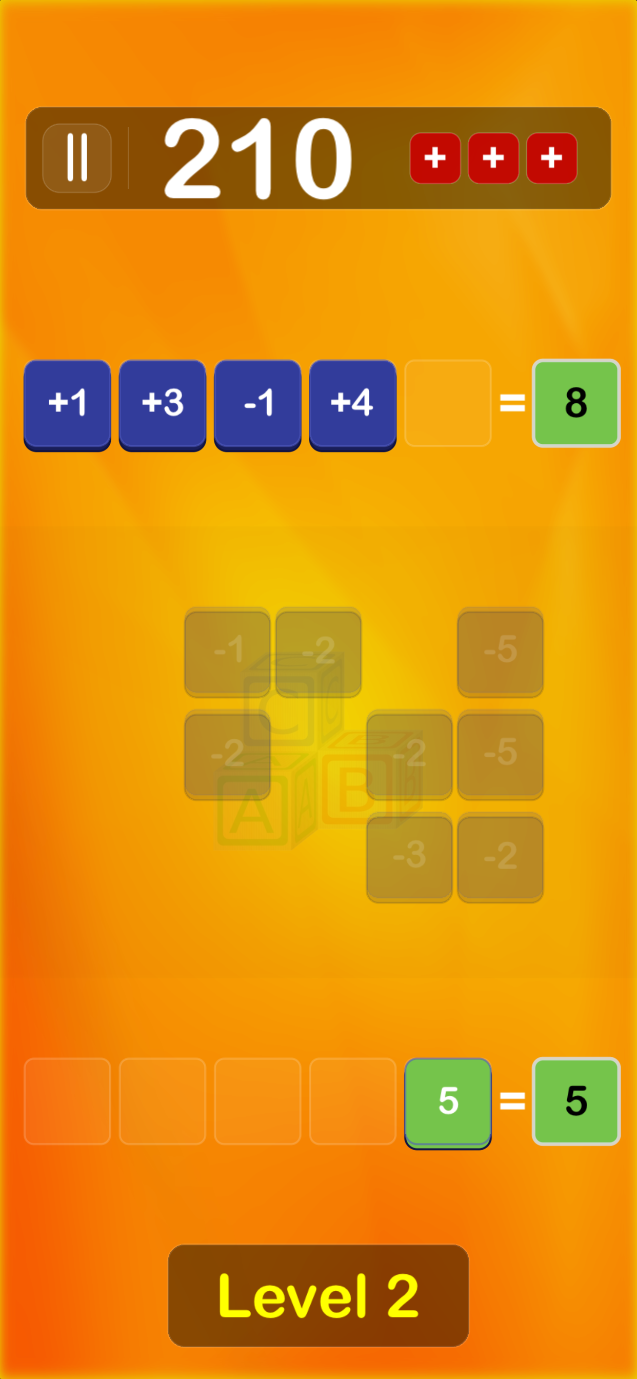 PlusMinus - Level 2 with tiles dragged into equation matching target 8