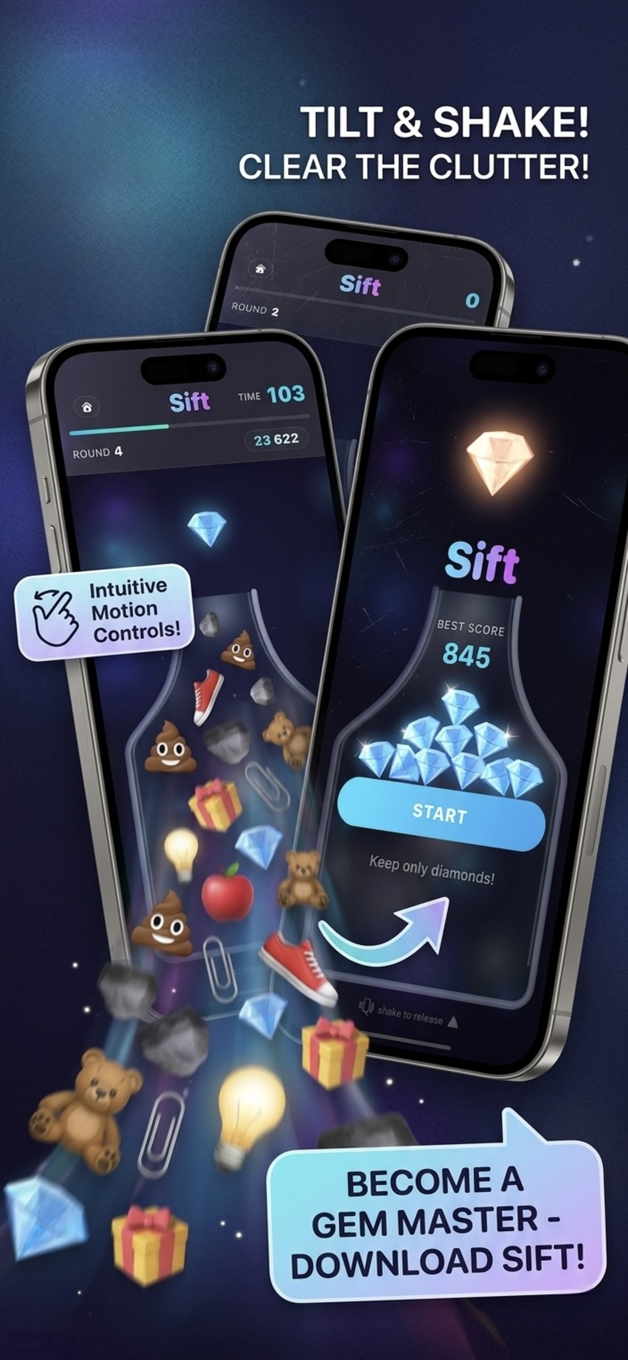 Sift gameplay - diamonds and junk inside glass vessel