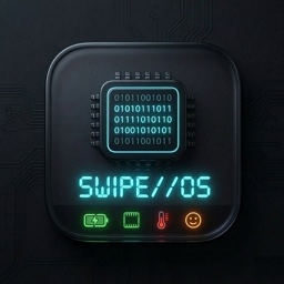 SwipeOS app icon - circuit board with binary code and system resource indicators