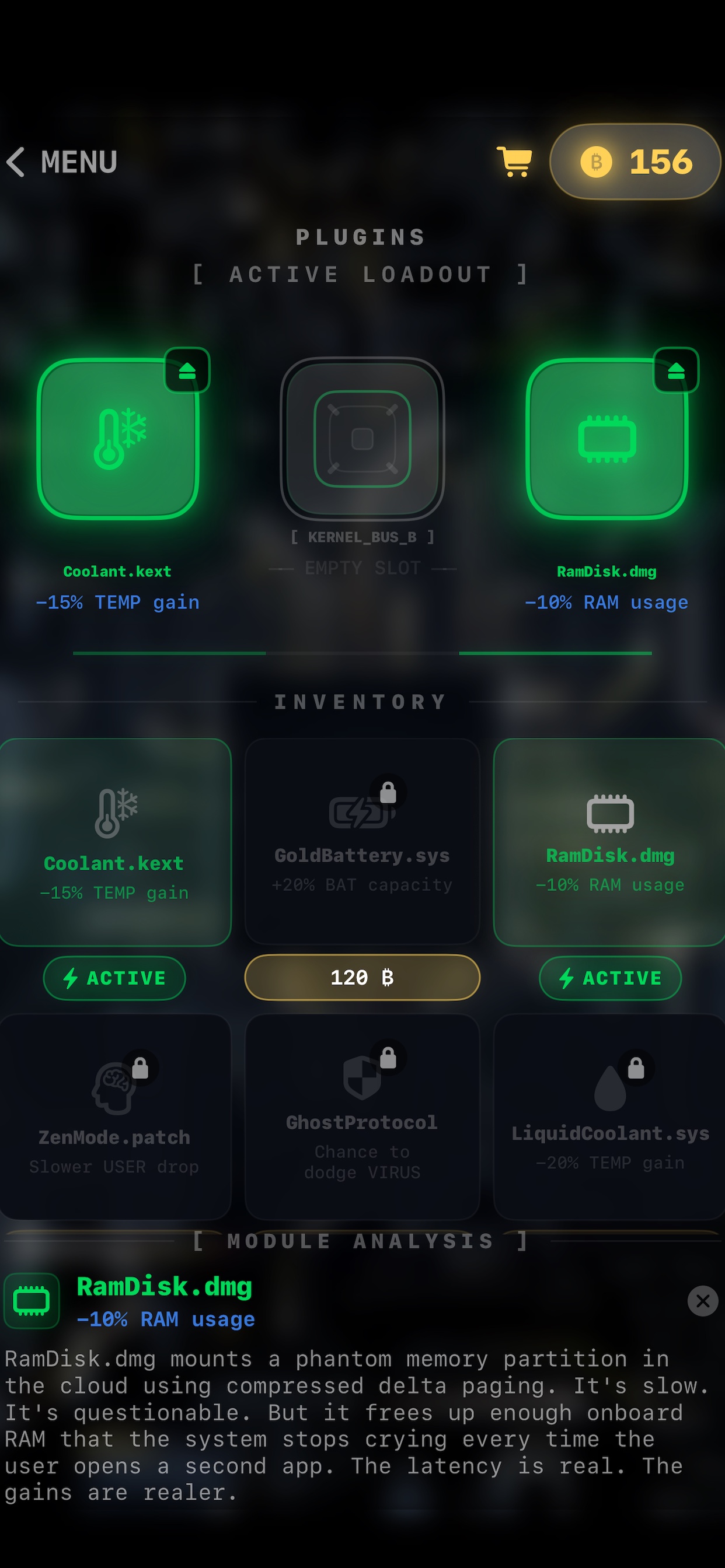 SwipeOS gameplay - plugins and active loadout screen