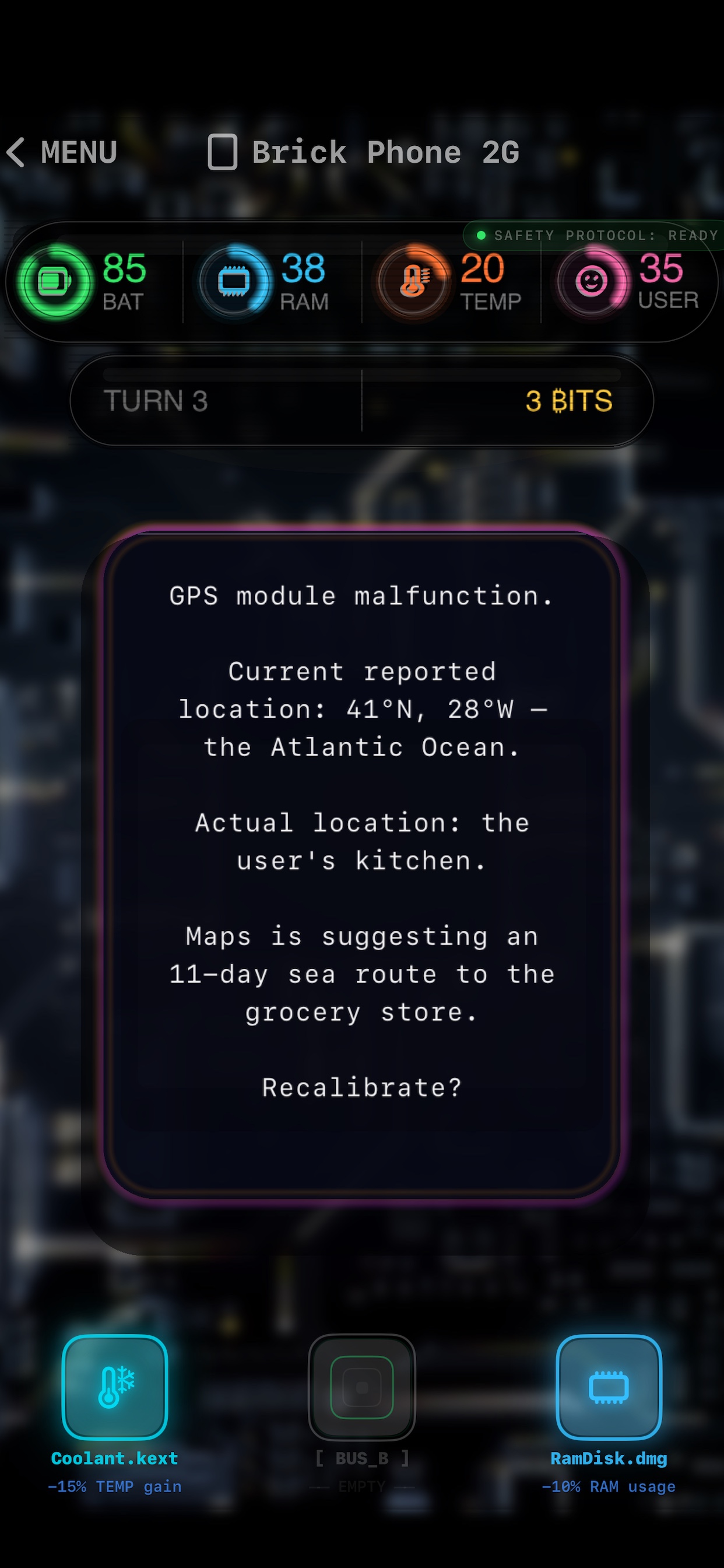 SwipeOS gameplay - event card with system resource bars