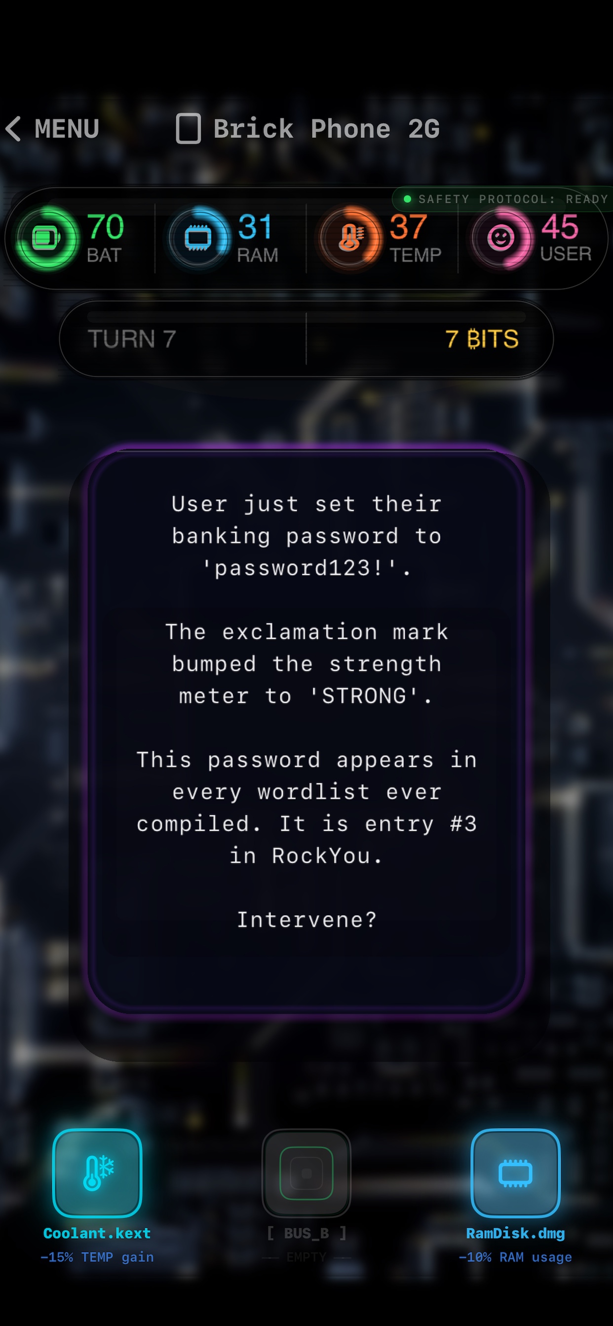 SwipeOS gameplay - swipe decision on humorous event card