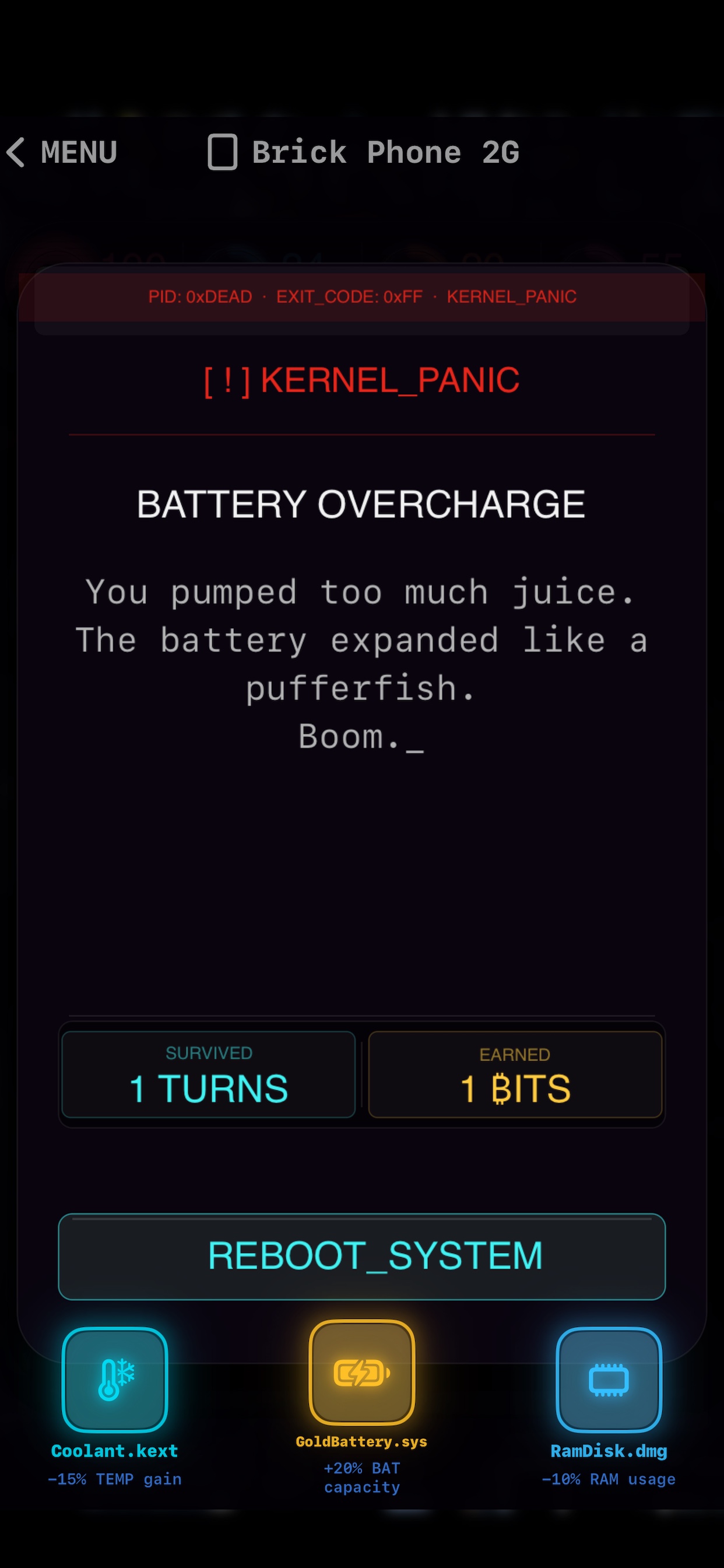 SwipeOS gameplay - Kernel Panic game over screen